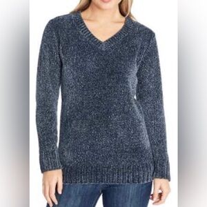 Orvis Womens Marled Navy Blue Chenille Knit V-Neck Pullover Sweater, Size Large